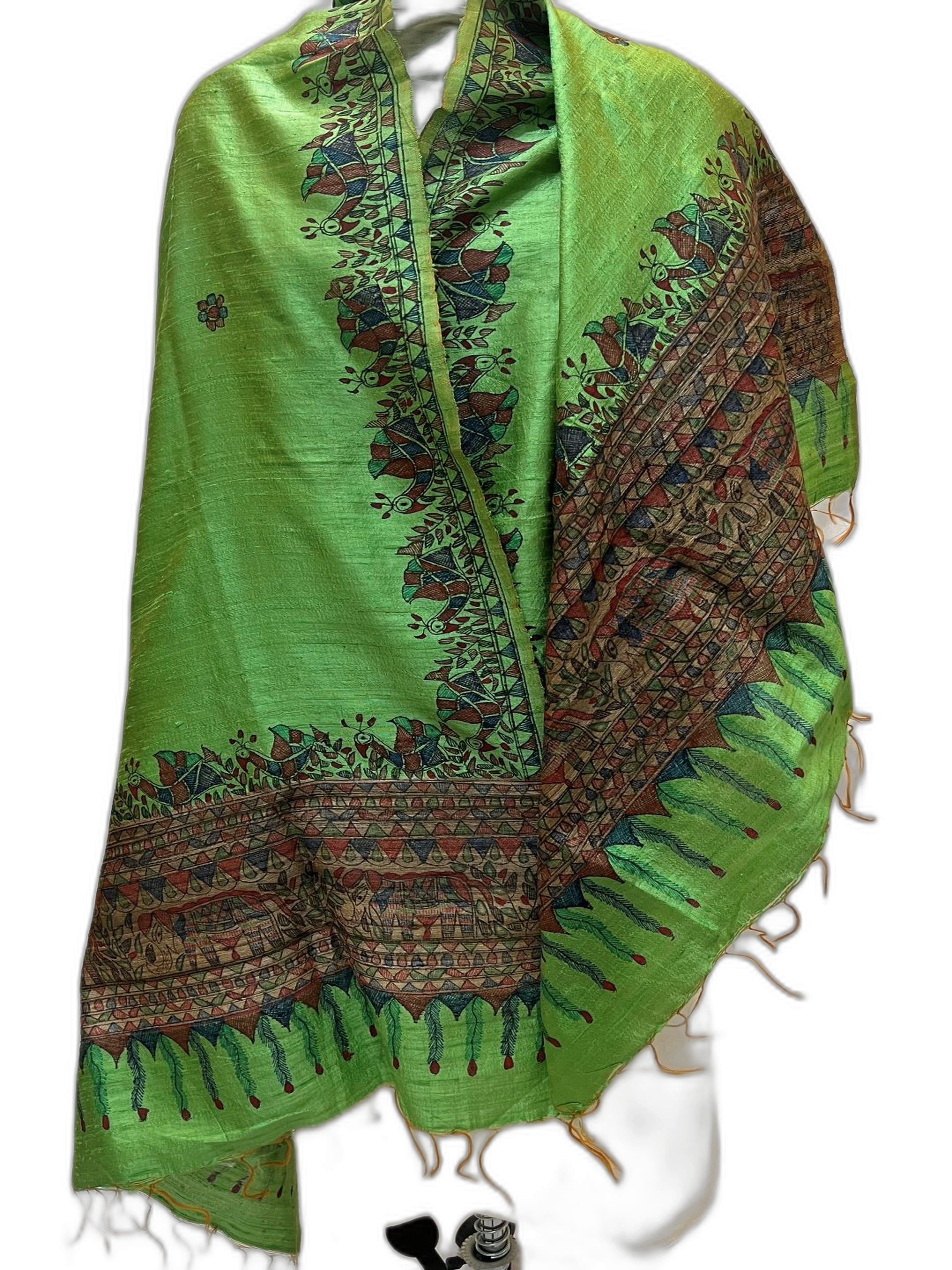 Madhubani Handpainted Dupatta – Green with Peacock and Elephant Border